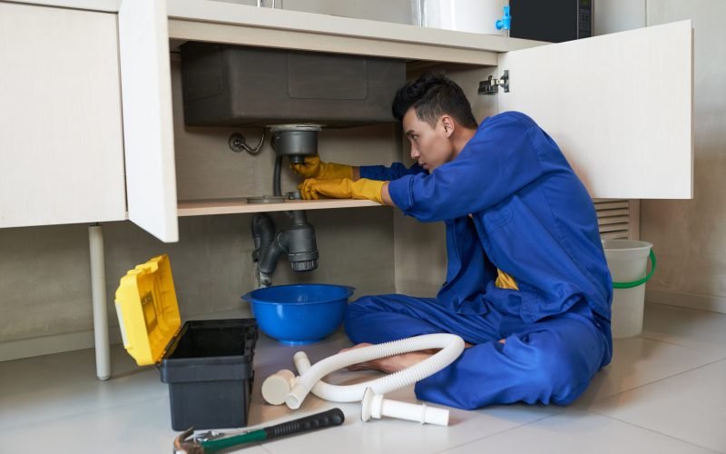 Young Vietnamese plumber checking drain in kitchen