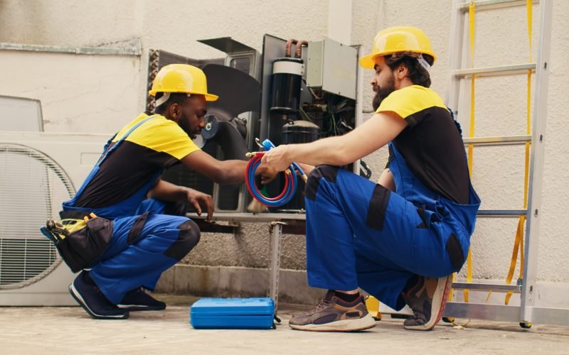 African american serviceman cleaning air conditioner internal components of dust while coworker assembles professional manifold gauges to check freon levels in hvac system