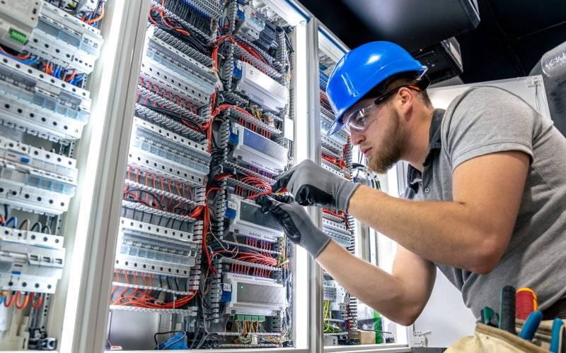 Male electrician in uniform working in a switchboard. Electricity. High quality photo. Male electrician in hard hat. A male electrician solves a problem with electricity. SSUCv3H4sIAAAAAAAAA41PQY6DMAz8i88gBVJg4StVDyFxqVVKqsRstUL5+zqUaq+b04wnnhlvQA4GaE3T9QpVWZ9UV1bVVZWjrevypHvdNLpHc3VQgDOMMFRa90p/Kd22Xd0reQWMJpKFYQOa5zVyMEx+gUGUgIvDsEN0xD6QmYWlAiIbXiNGWRNmxXsSdecfv/OW51JQwuM6ZpCKf84uBZgJF/uT/VMuMqPZ484i3V+M4XFke77lihk+A1lapqOTnOIfb7x4zrt7Ant7J3csv8+4kUxDzoL1OXvj0B3yOj6I+UMDfhO+/n6nlH4B3lC4PIQBAAA=