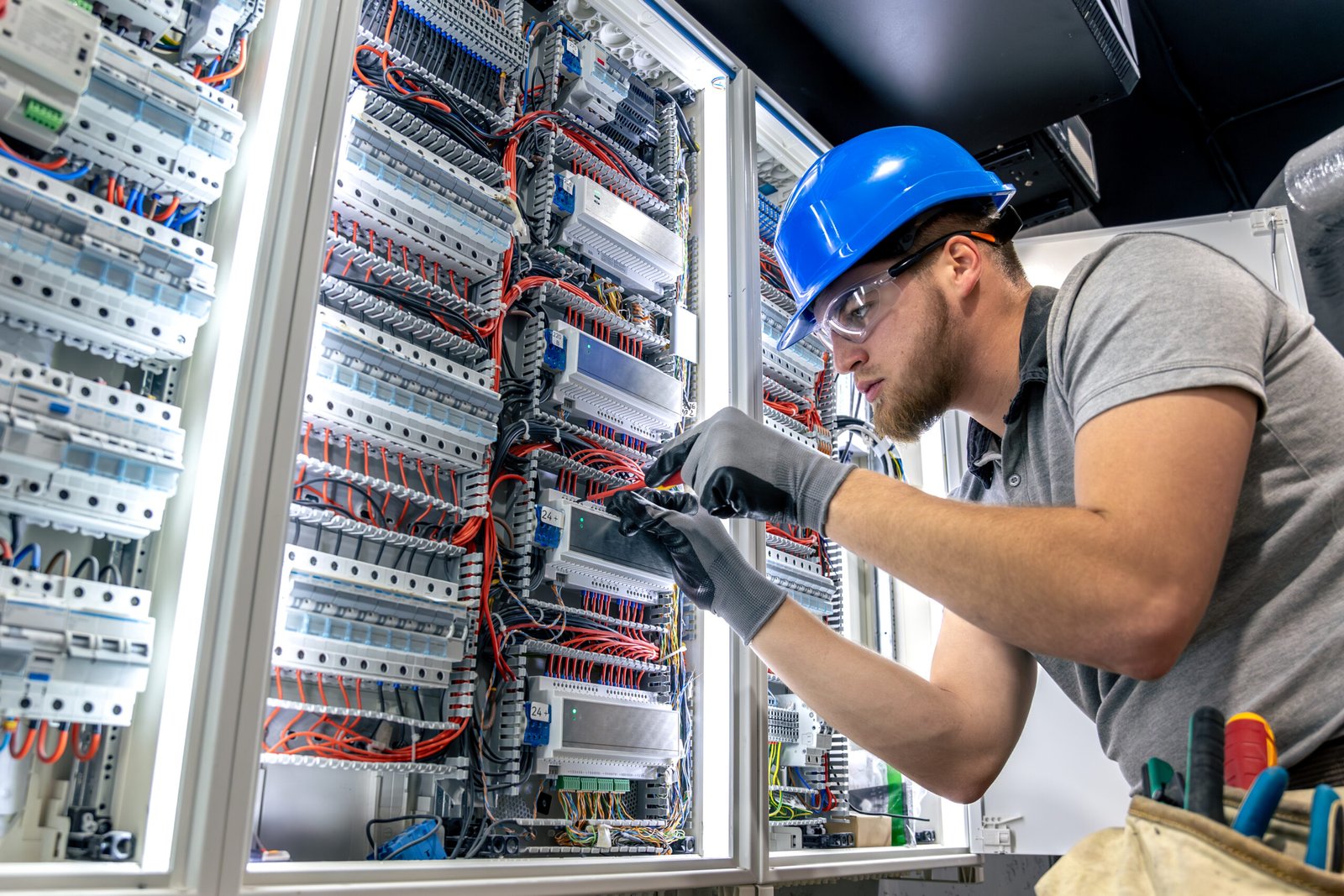 Male electrician in uniform working in a switchboard. Electricity. High quality photo. Male electrician in hard hat. A male electrician solves a problem with electricity. SSUCv3H4sIAAAAAAAAA41PQY6DMAz8i88gBVJg4StVDyFxqVVKqsRstUL5+zqUaq+b04wnnhlvQA4GaE3T9QpVWZ9UV1bVVZWjrevypHvdNLpHc3VQgDOMMFRa90p/Kd22Xd0reQWMJpKFYQOa5zVyMEx+gUGUgIvDsEN0xD6QmYWlAiIbXiNGWRNmxXsSdecfv/OW51JQwuM6ZpCKf84uBZgJF/uT/VMuMqPZ484i3V+M4XFke77lihk+A1lapqOTnOIfb7x4zrt7Ant7J3csv8+4kUxDzoL1OXvj0B3yOj6I+UMDfhO+/n6nlH4B3lC4PIQBAAA=
